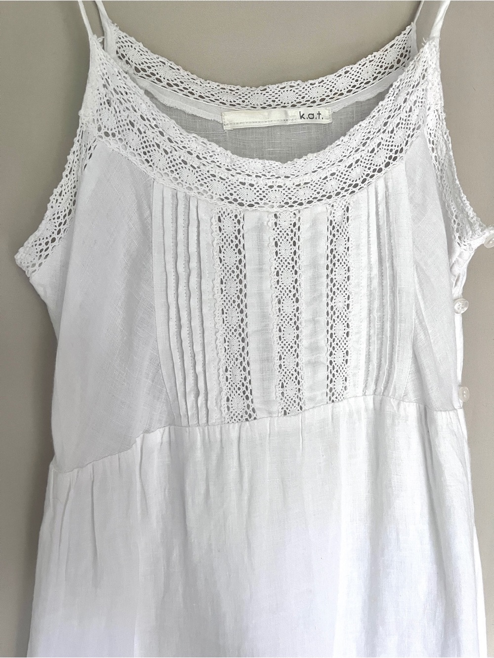 K.A.T. White Linen Hemp Blend Lace Trim Midi Dress Free Size Cottagecore